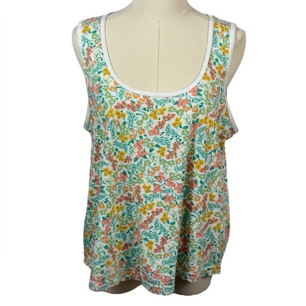 J Crew 100% Cotton White Tank w/ Green, Yellow, & Orange Floral Pattern (Size L)